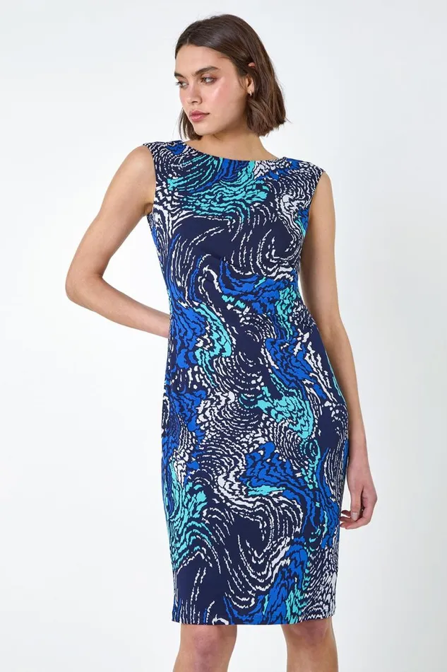 Navy Textured Wave Print Shift Stretch Dress Women Roman Dresses