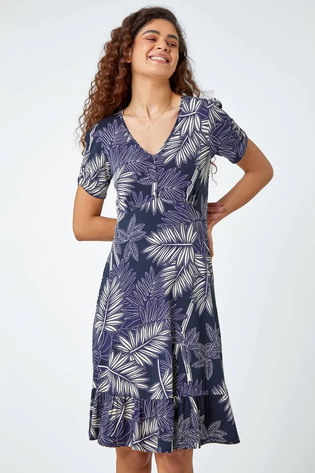 Navy Tropical Leaf Stretch Frill Dress Women Roman Dresses