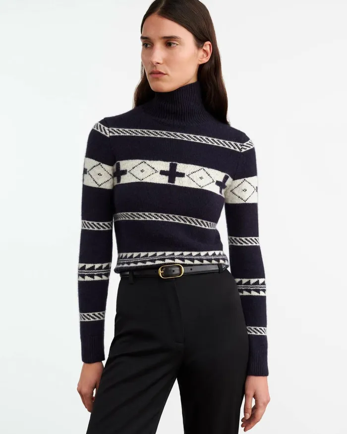 Nili Lotan KEZIAH SWEATER Dark Navyivory Women Knits and Sweaters