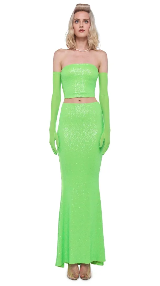 Norma Kamali Bottoms SEQUIN OBIE SKIRT W MESH SIDES Neon Green 8211 Clothing