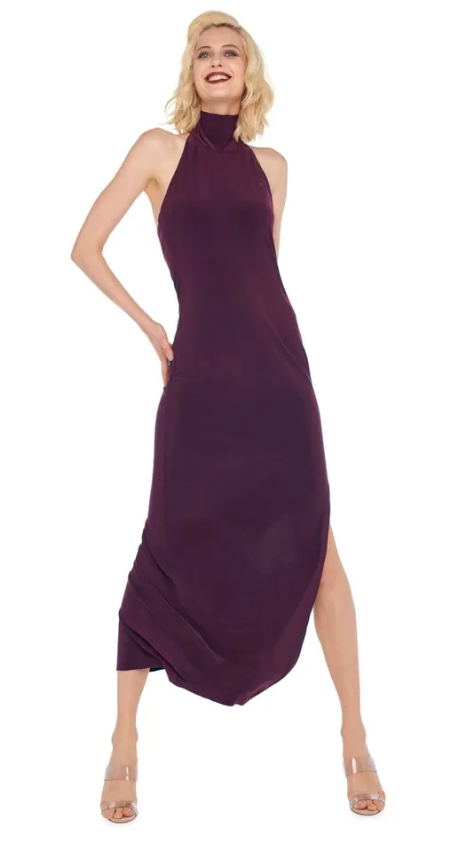 Norma Kamali Dresses HALTER TURTLE SIDE SLIT GOWN Plum 8211 Clothing