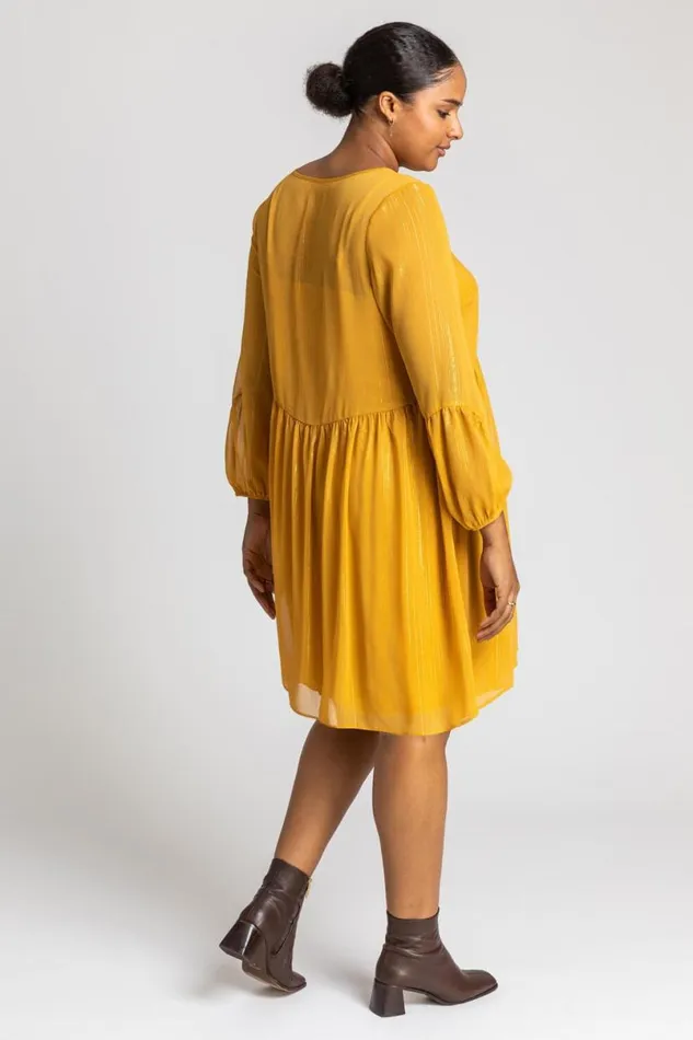 Ochre Curve Chiffon Shimmer Stripe Smock Dress Women Roman Dresses