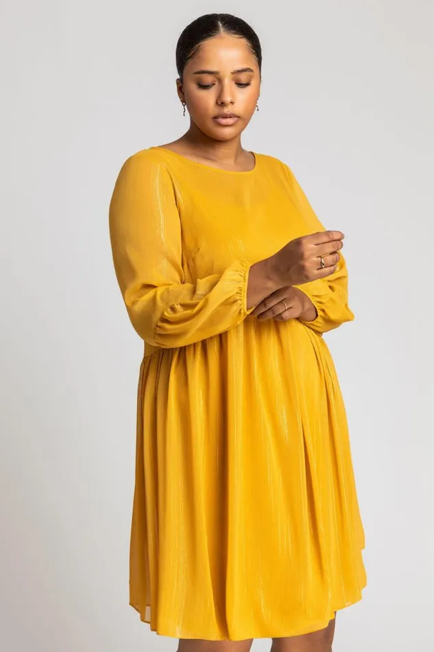 Ochre Curve Chiffon Shimmer Stripe Smock Dress Women Roman Dresses