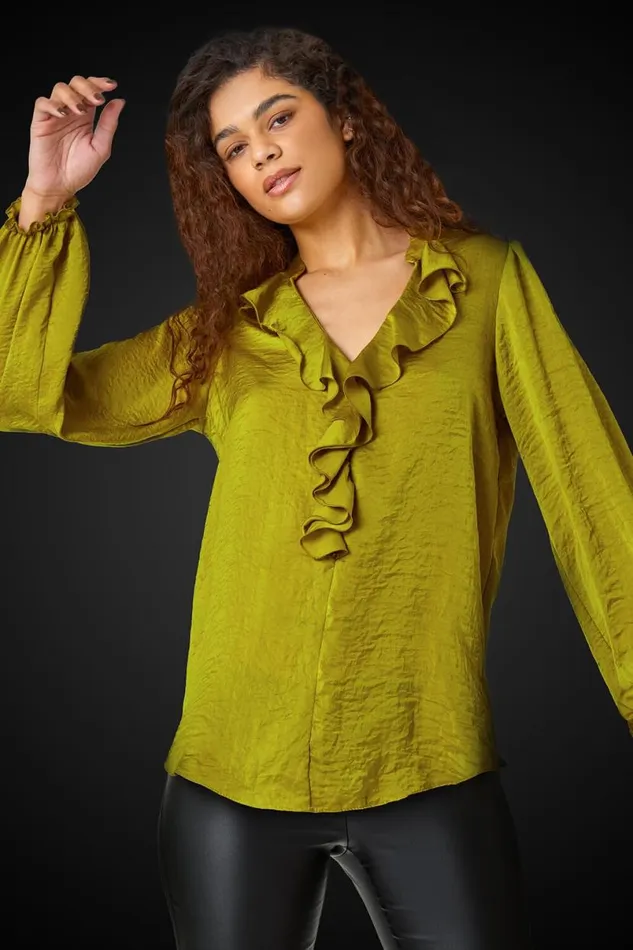 Olive Satin Ruffle Neck Blouse Women Roman Tops