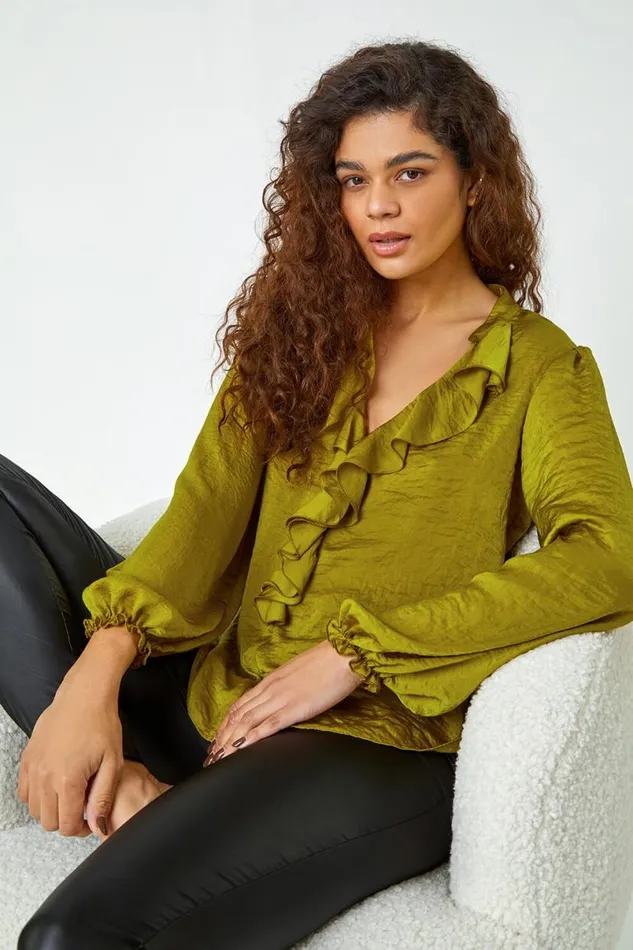 Olive Satin Ruffle Neck Blouse Women Roman Tops