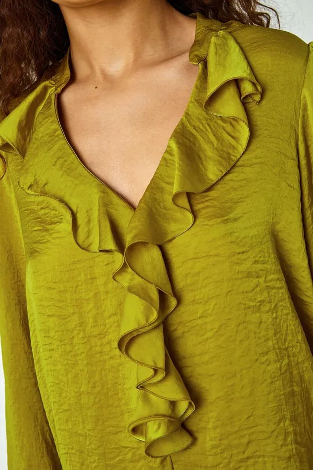 Olive Satin Ruffle Neck Blouse Women Roman Tops