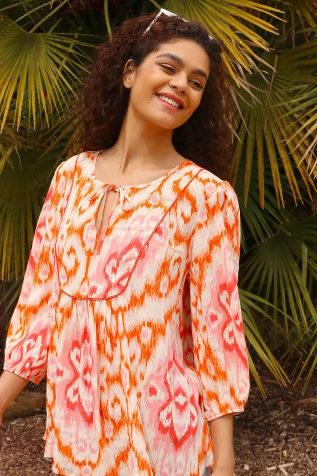 Orange Abstract Print Tie Detail Tunic Smock Top Women Roman Tops