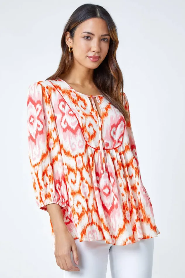 Orange Abstract Print Tie Detail Tunic Smock Top Women Roman Tops