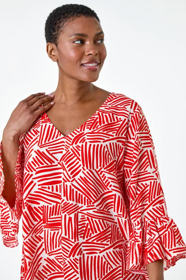 Orange Abstract Print VNeck Frill Detail Top Women Roman Tops