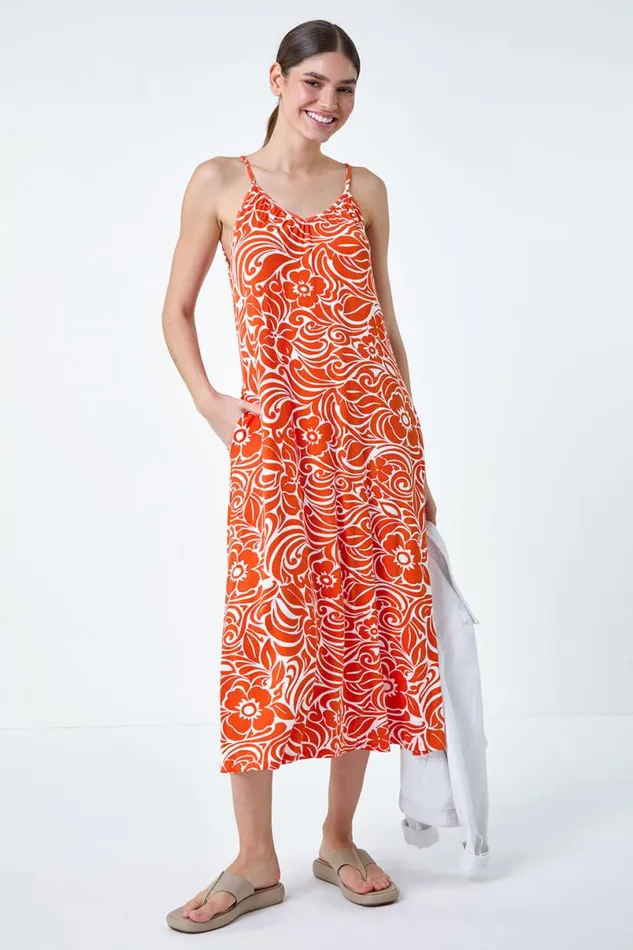 Orange Abstract Strappy Swing Stretch Midi Dress Women Roman Dresses