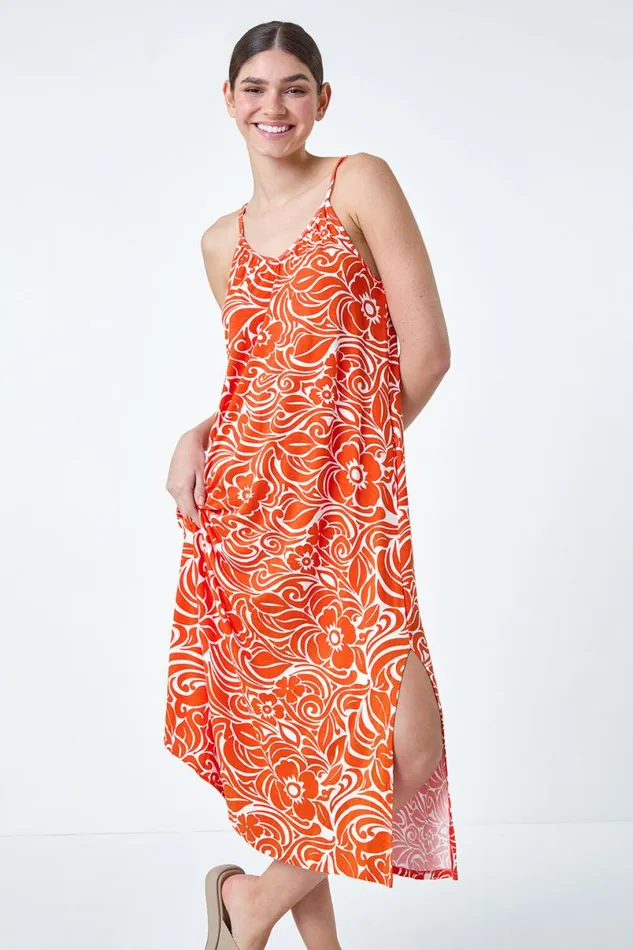 Orange Abstract Strappy Swing Stretch Midi Dress Women Roman Dresses