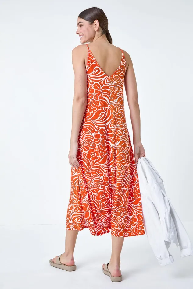 Orange Abstract Strappy Swing Stretch Midi Dress Women Roman Dresses