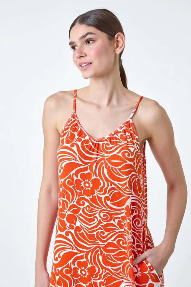 Orange Abstract Strappy Swing Stretch Midi Dress Women Roman Dresses
