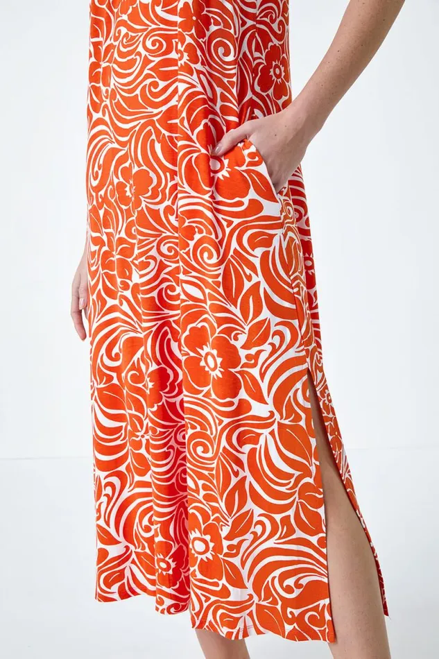 Orange Abstract Strappy Swing Stretch Midi Dress Women Roman Dresses
