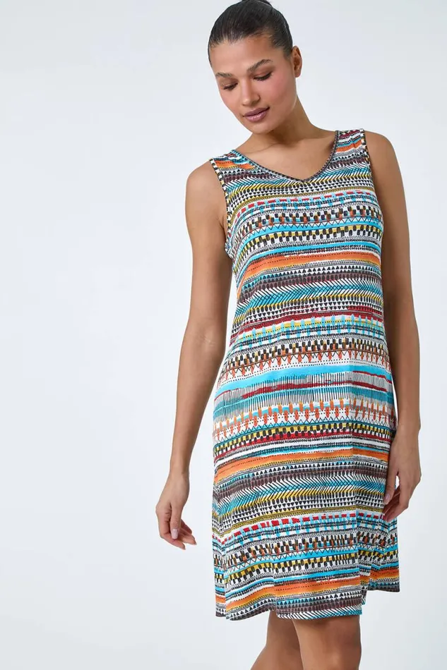 Orange Aztec Stripe Stretch Pocket Swing Dress Women Roman Dresses