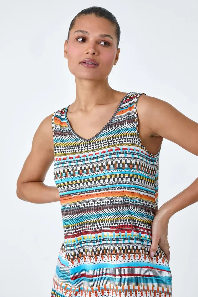Orange Aztec Stripe Stretch Pocket Swing Dress Women Roman Dresses