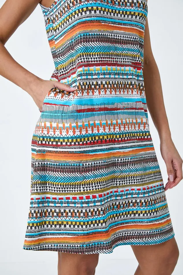 Orange Aztec Stripe Stretch Pocket Swing Dress Women Roman Dresses