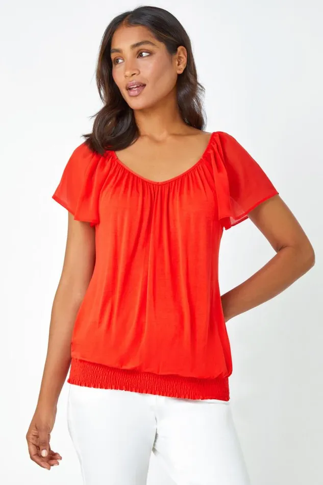 Orange Chiffon Sleeve VNeck Stretch Jersey Top Women Roman Tops