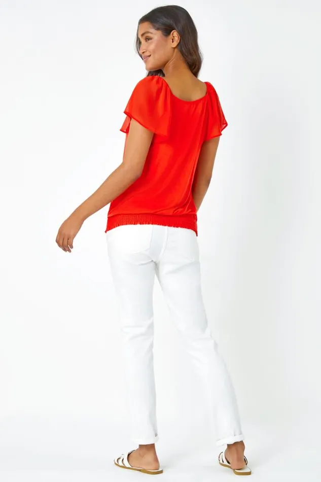 Orange Chiffon Sleeve VNeck Stretch Jersey Top Women Roman Tops