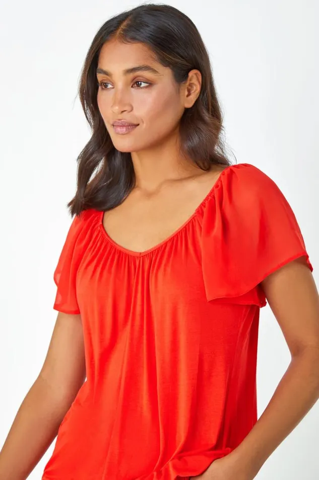 Orange Chiffon Sleeve VNeck Stretch Jersey Top Women Roman Tops