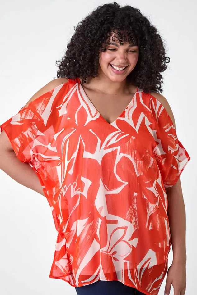 Orange Curve Floral Print VNeck Overlay Top Women Roman Tops
