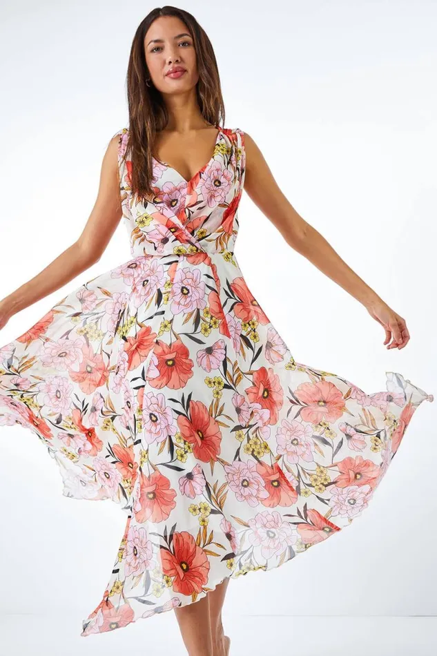 Orange Floral Print Chiffon Hanky Hem Dress Women Roman Dresses