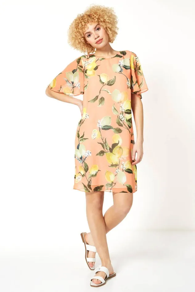 Orange Lemon Print Angel Sleeve Chiffon Dress Women Roman Dresses