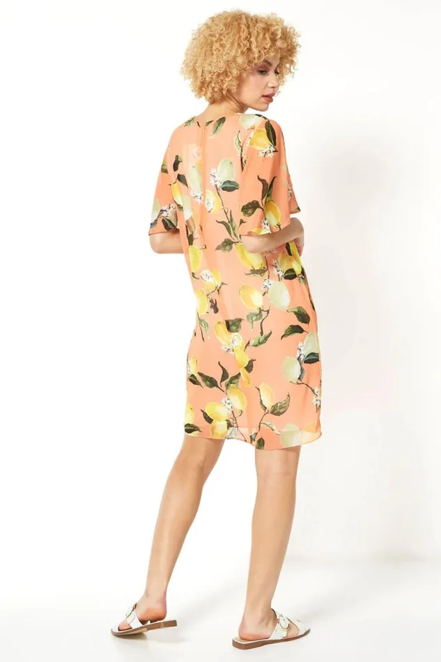Orange Lemon Print Angel Sleeve Chiffon Dress Women Roman Dresses