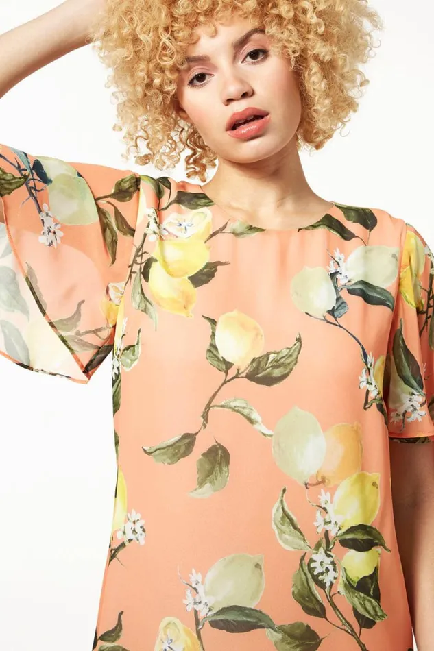 Orange Lemon Print Angel Sleeve Chiffon Dress Women Roman Dresses
