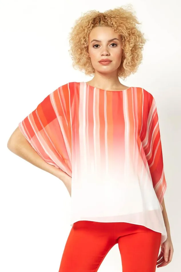 Orange Ombre Stripe Print Chiffon Overlay Top Women Roman Tops