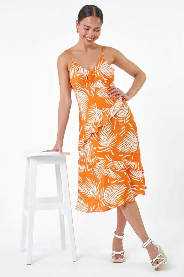 Orange Petite Leaf Print Frill Midi Dress Women Roman Dresses