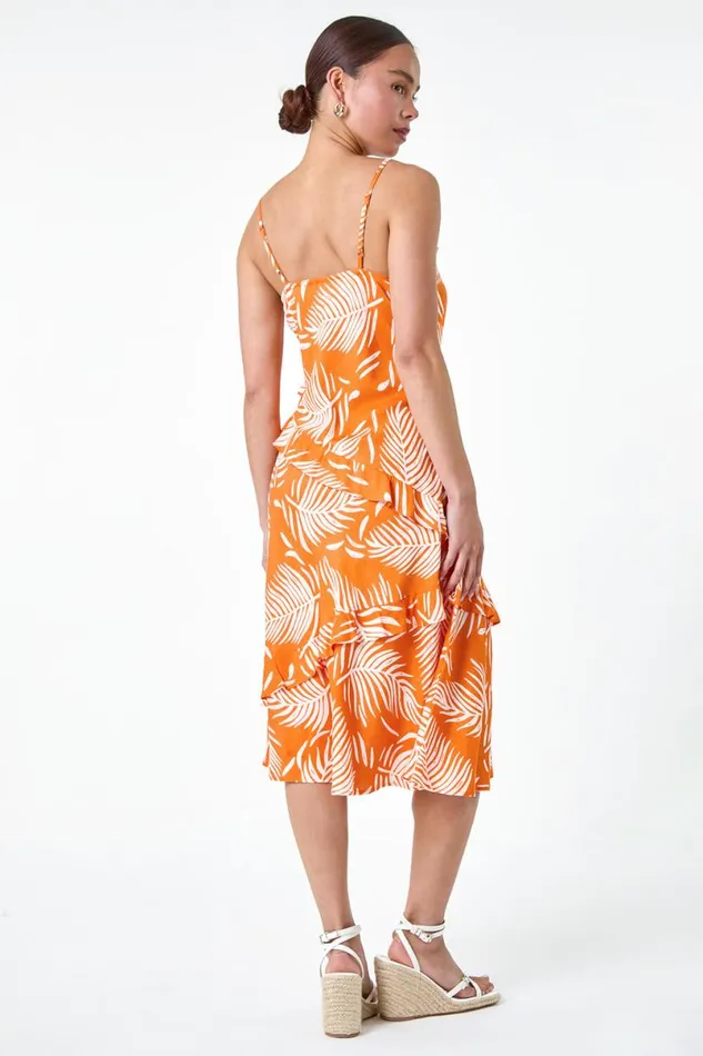 Orange Petite Leaf Print Frill Midi Dress Women Roman Dresses