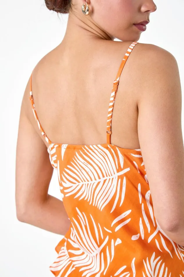 Orange Petite Leaf Print Frill Midi Dress Women Roman Dresses