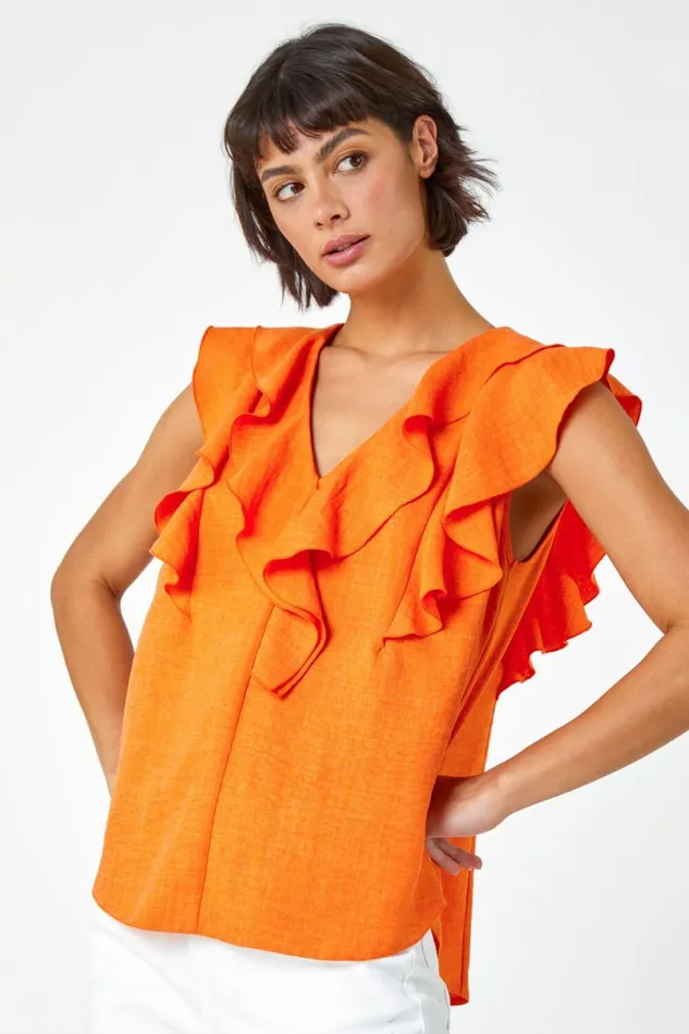 Orange Sleeveless VNeck Ruffle Detail Vest Women Roman Tops