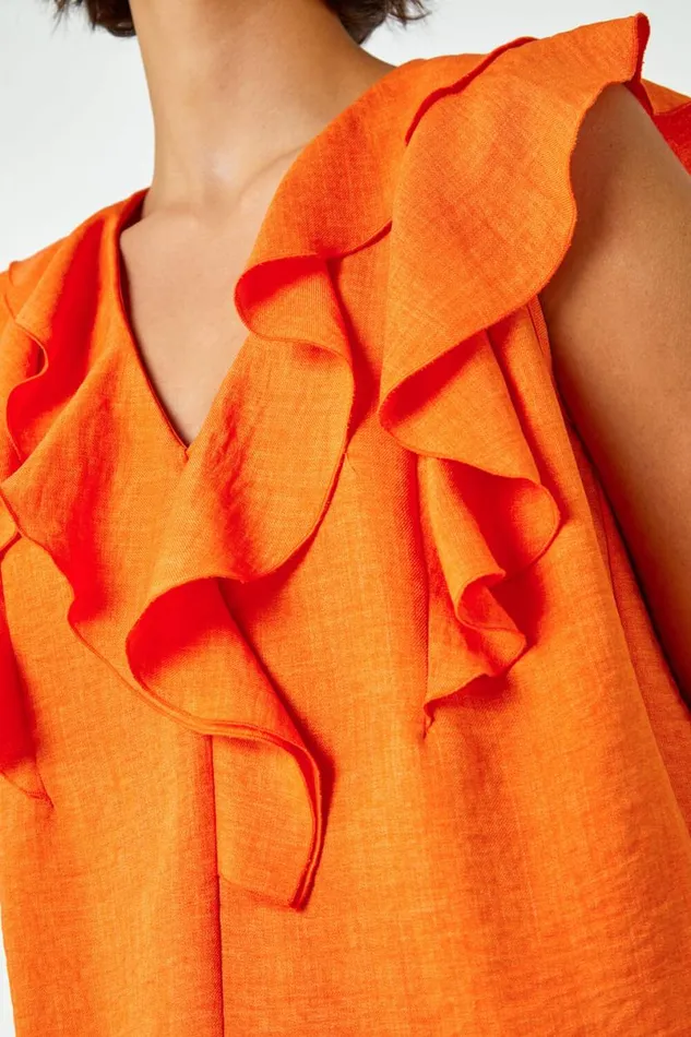 Orange Sleeveless VNeck Ruffle Detail Vest Women Roman Tops