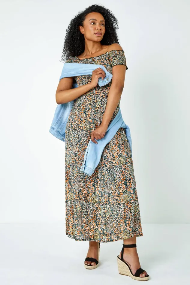 Peach Petite Floral Shirred Bardot Maxi Dress Women Roman Occasionwear
