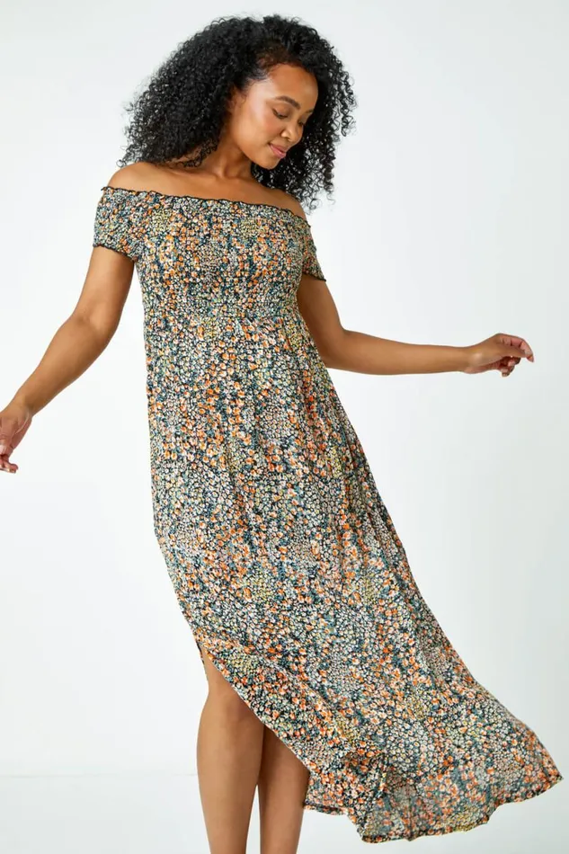 Peach Petite Floral Shirred Bardot Maxi Dress Women Roman Occasionwear