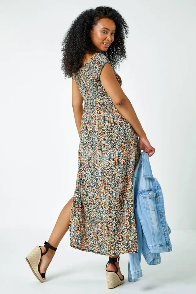 Peach Petite Floral Shirred Bardot Maxi Dress Women Roman Occasionwear