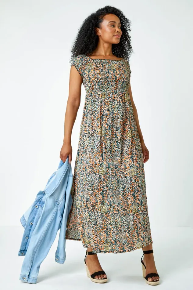 Peach Petite Floral Shirred Bardot Maxi Dress Women Roman Occasionwear