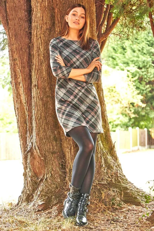 Pink Check Pocket Shift Dress Women Roman Dresses
