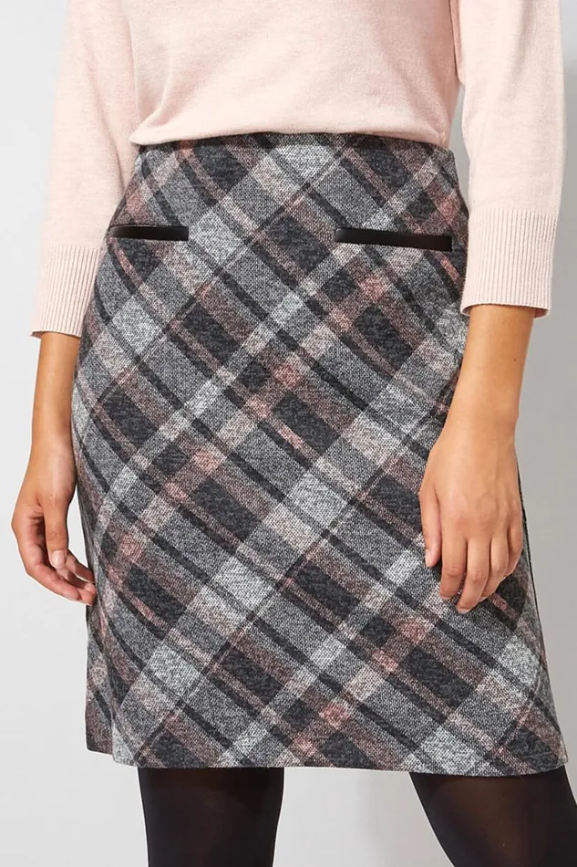 Pink Check Print Textured Elastic Waist Skirt Women Roman Skirts