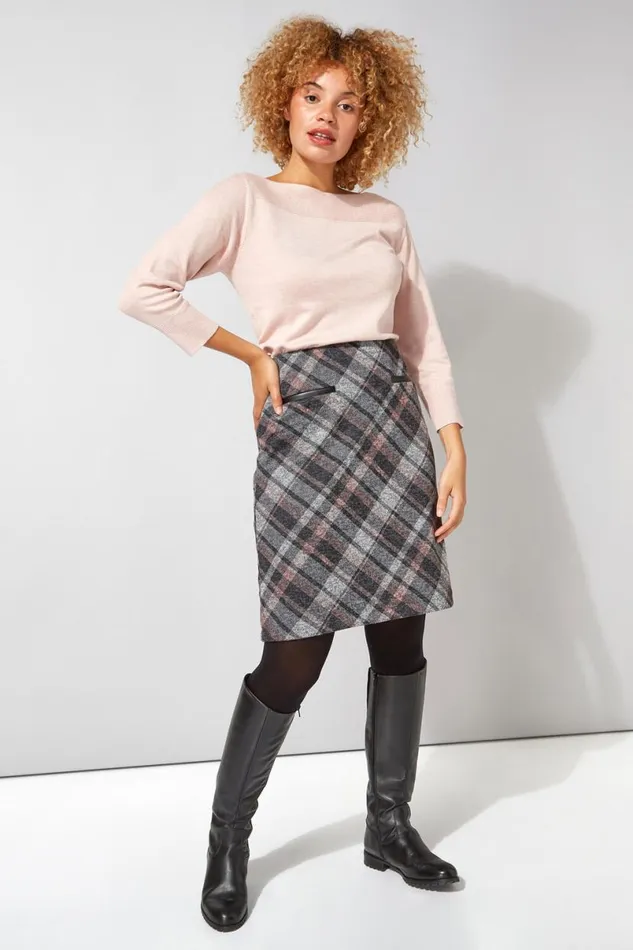 Pink Check Print Textured Elastic Waist Skirt Women Roman Skirts