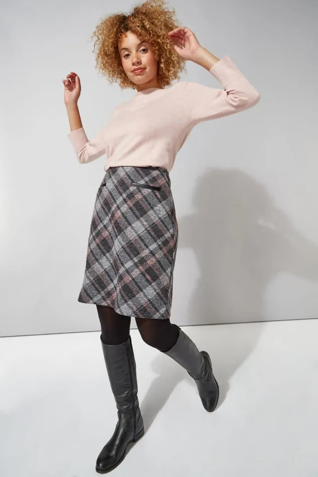 Pink Check Print Textured Elastic Waist Skirt Women Roman Skirts