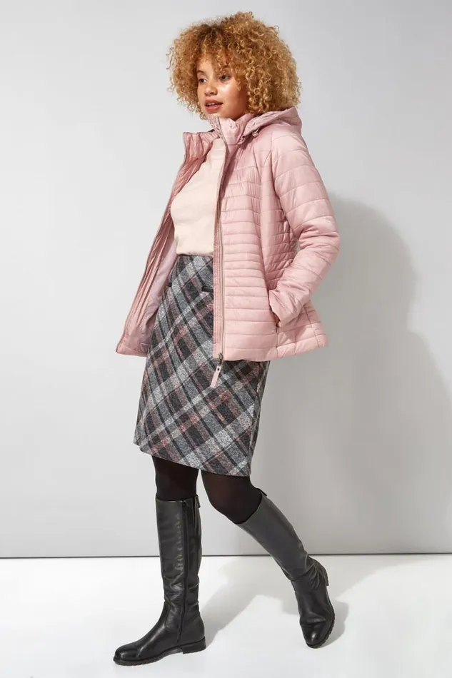 Pink Check Print Textured Elastic Waist Skirt Women Roman Skirts