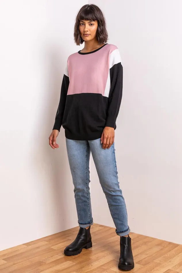 Pink Colour Block Round Neck Jumper Women Roman Knitwear