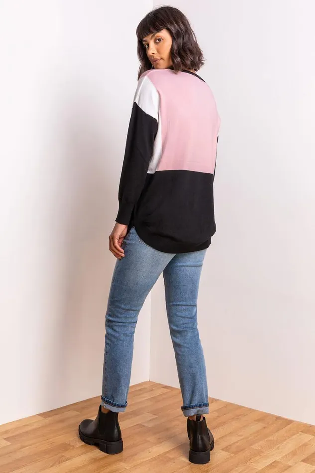 Pink Colour Block Round Neck Jumper Women Roman Knitwear