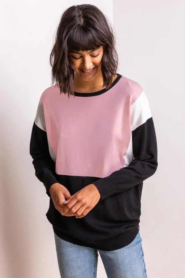 Pink Colour Block Round Neck Jumper Women Roman Knitwear
