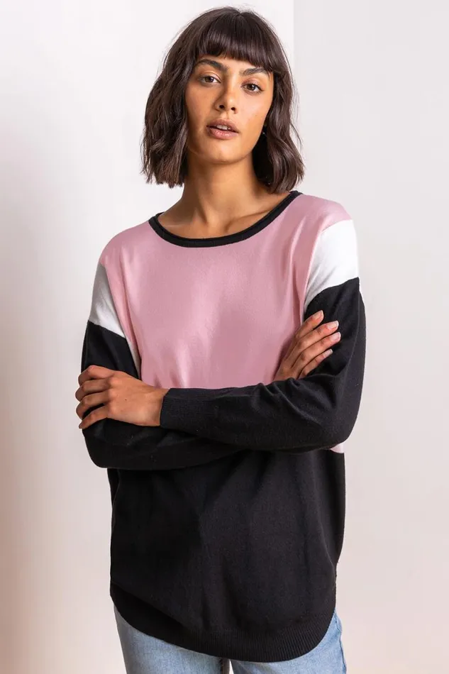 Pink Colour Block Round Neck Jumper Women Roman Knitwear