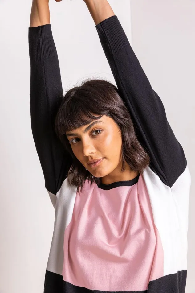 Pink Colour Block Round Neck Jumper Women Roman Knitwear