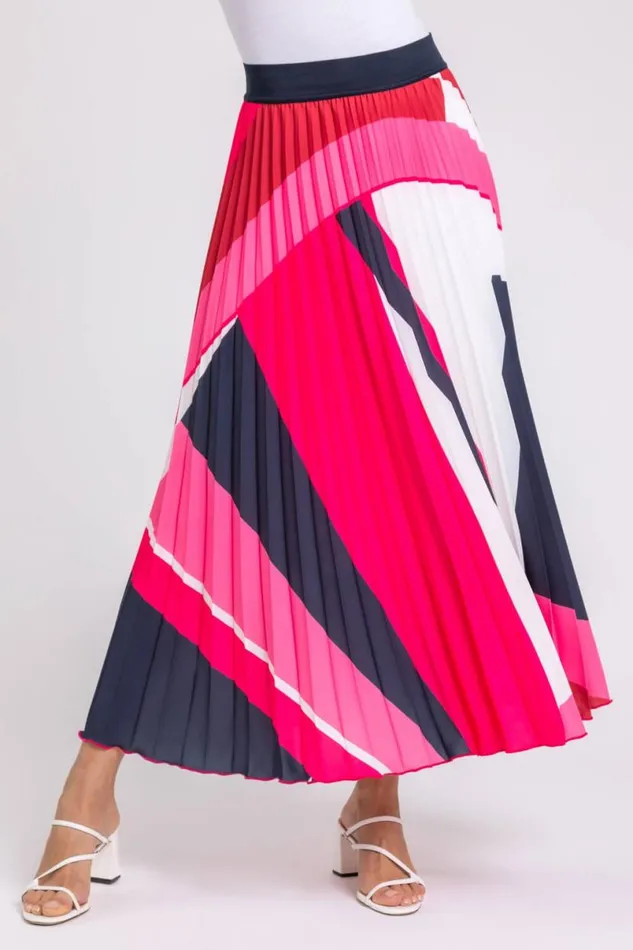 Pink Colourblock Print Pleated Maxi Skirt Women Roman Skirts